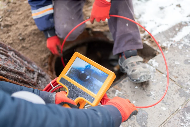 Two plumbers wearing work boots and red work gloves, with one holding the camera screen and the other, feeding a red wired camera down the sewer line.